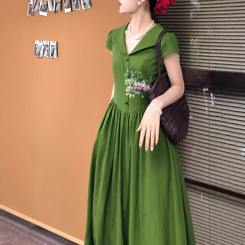 Three Tailors [Green Tone] French Retro Short Sleeve Temperament Dress Women Summer Elegant Long Dress New
