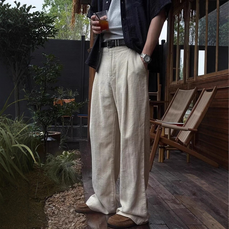 Old Money Style Linen Long Pants for Men, Trendy American Retro Three-Dimensional Pleated Loose Casual Versatile Dress Pants