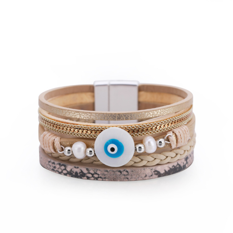 Bohemian multi-layer woven devilu0027s eye pearl leather bracelet