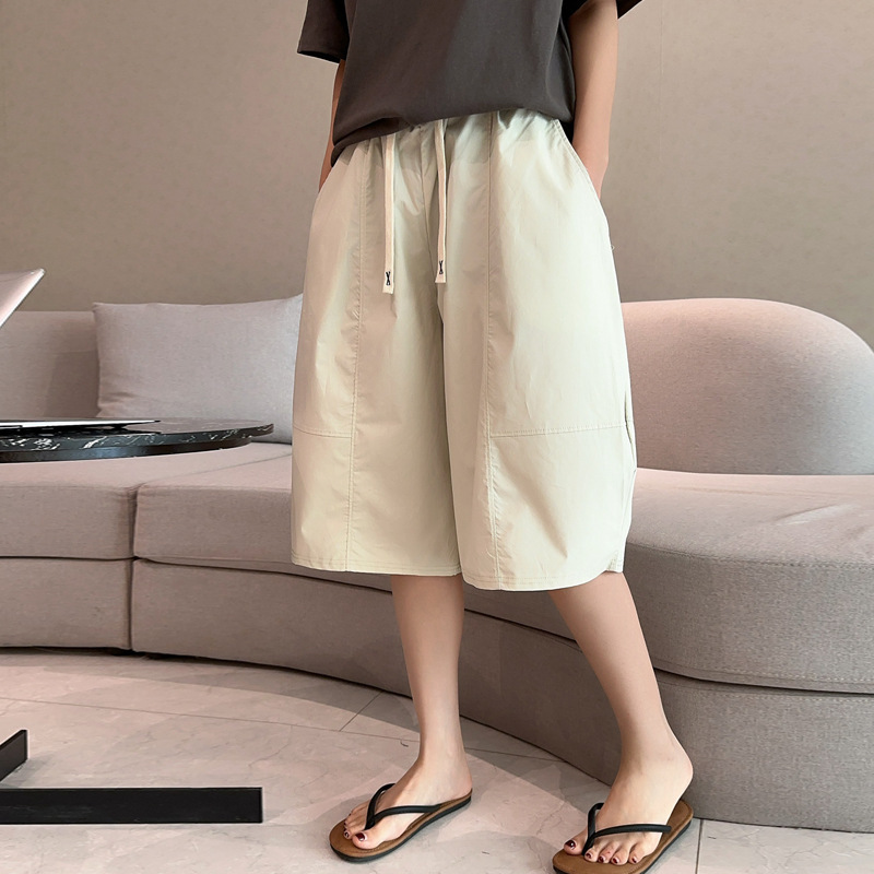 Ice-Feel Cotton Casual Pants for Women, Summer Drawstring Elastic Waist Carrot Pants, Loose-Fitting Cropped Trendy Street Style Beach Pants