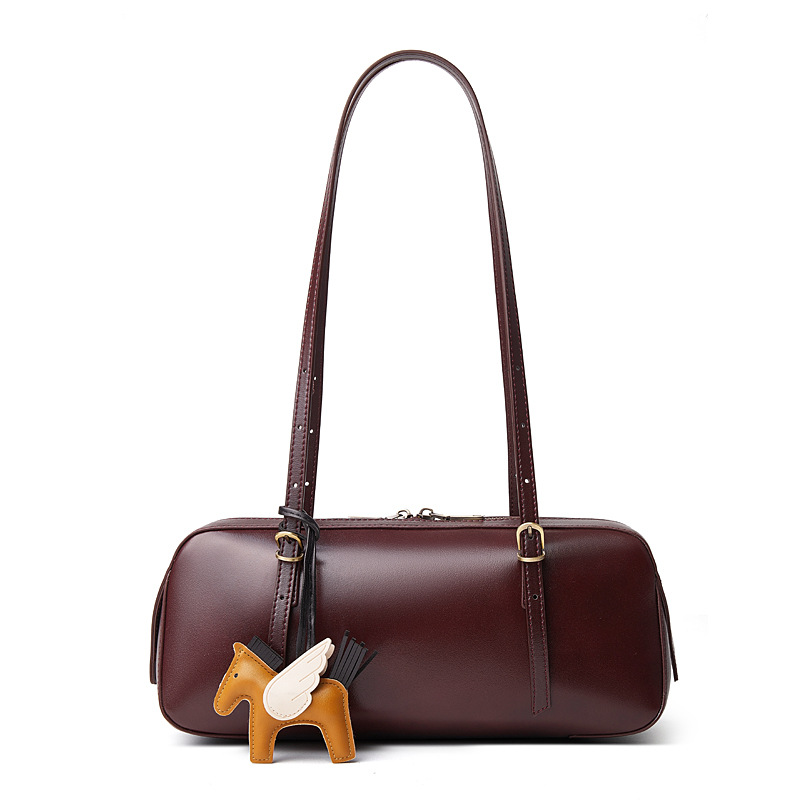 Genuine Leather Underarm Bag Retro Bowling Bag For Women Versatile Niche Vegetable-Tanned Top Grain Cowhide Handbag - Thumbnail 8