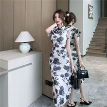 跨境国风改良旗袍年轻款修身显瘦高档气质开叉过膝连衣裙中长款夏