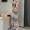 Satin high slit long dress with bottom and buttocks wrapped short sleeved dress