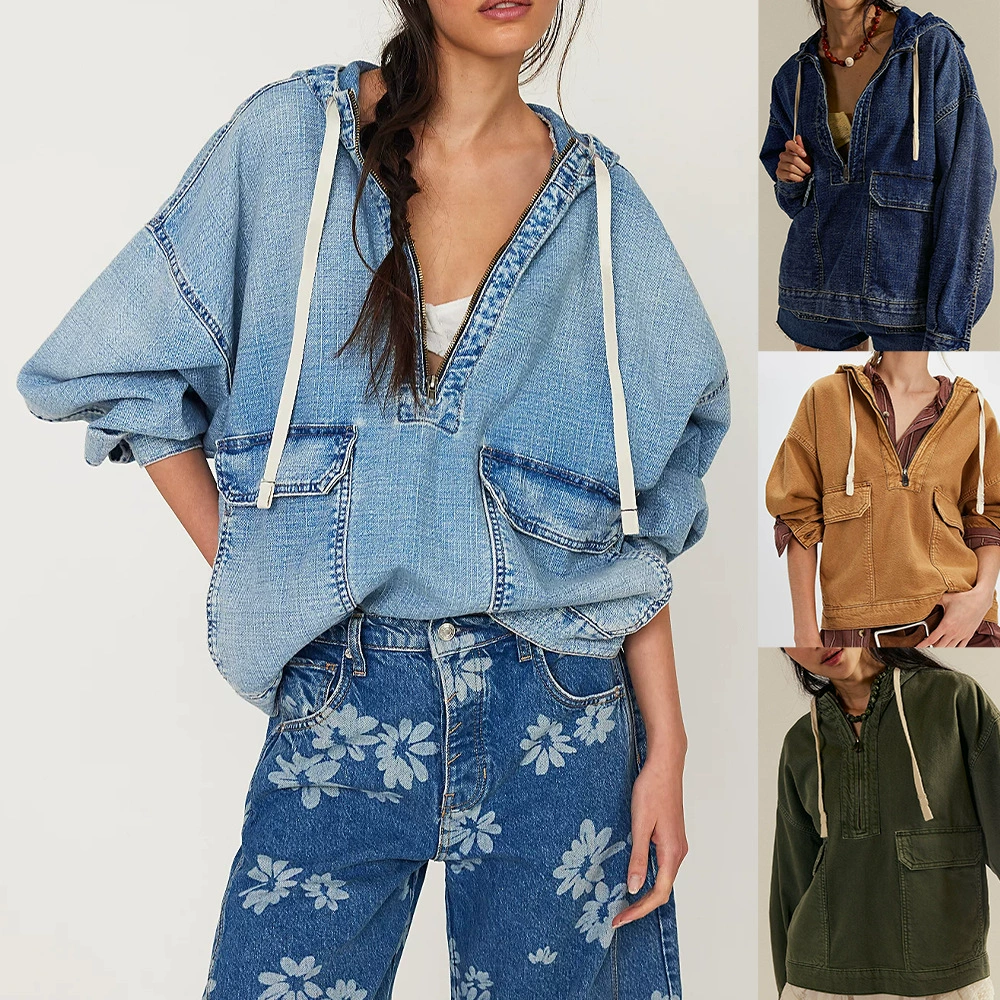 25-летний европейский и американский трансграничный осенний новый модный свободный повседневный мойка с капюшоном джинсовый топ с длинными рукавами 89140