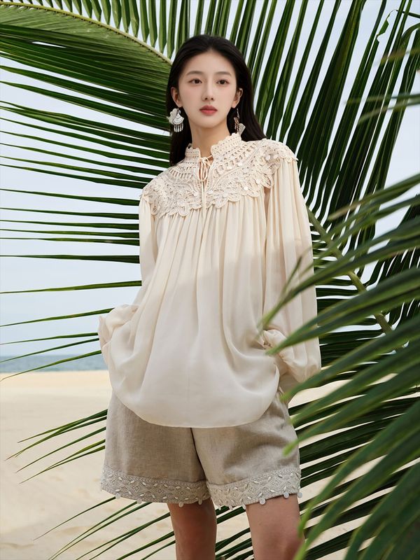 早秋温柔千金风高级衬衫女国潮新款水溶蕾丝云肩设计感上衣 N7039|undefined