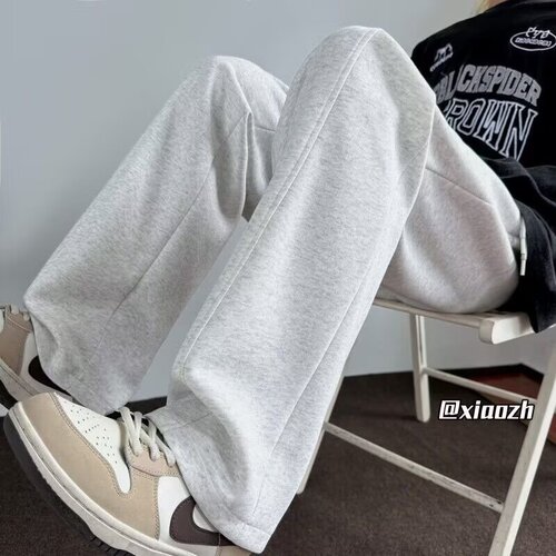 Men's light gray heavy-weight pants, men's autumn loose straight pants, casual wide-leg pants, sweatpants, 2025 new style