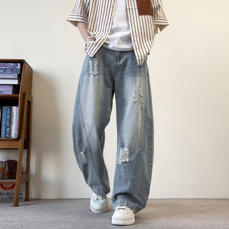 American-Style Silhouette Ripped Jeans for Men, Loose High-Street Design Wide-Leg Pants, Cool and Stylish Long Pants for Young Men American-Style Silhouette Ripped Jeans for Men, Loose High-Street Design Wide-Leg Pants, Cool and Stylish Long Pants for Young Men