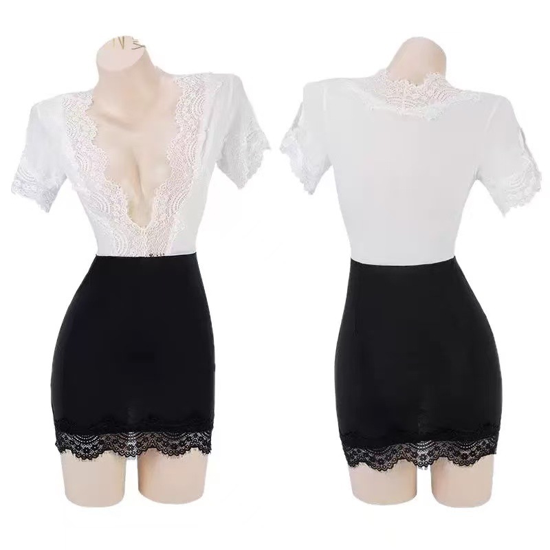 Secretary Role-Play Lace Bodycon Dress, White Uniform Lingerie, One Size — detail image 6