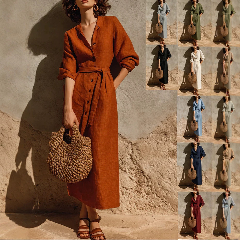 2026 Autumn/Winter European and American cross-border independent brand, elegant resort-style, tie-waist, long-sleeved cotton-linen dress for women 2026 Autumn/Winter European and American cross-border independent brand, elegant resort-style, tie-waist, long-sleeved cotton-linen dress for women