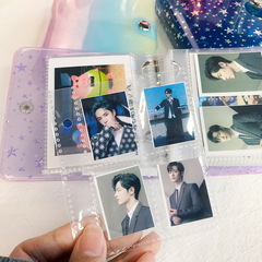1-inch, 2-inch, and 3-inch photo album with 3-hole loose-leaf inner pages; ultra-clear PP core for Polaroid photos; 4-grid storage pouch for celebrity fan cards.