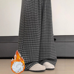 黑灰色加绒格子阔腿裤女2025秋新款高腰垂感宽松显瘦慵懒休闲裤子