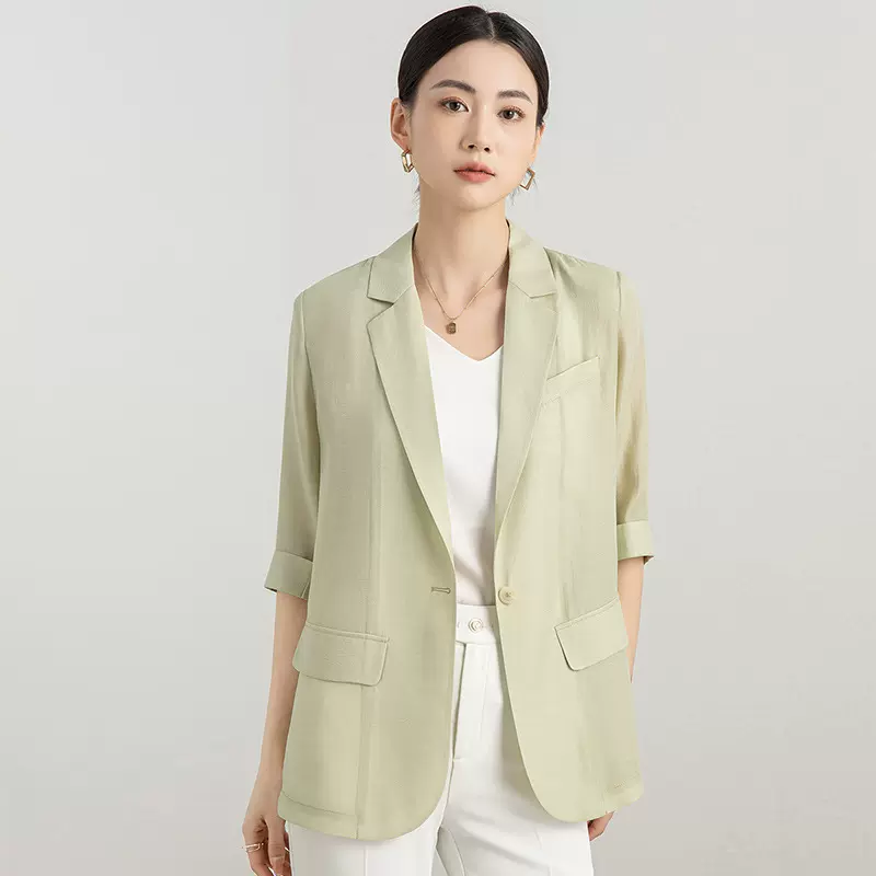 夏季薄款绿色西装外套女上衣感炸街休闲小个子气质小西服夏款