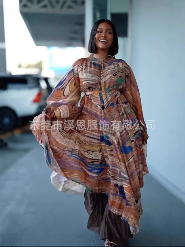 Miayki三宅褶皱花边领不规则印花上衣+阔腿裤两件套大码女装跨境|undefined