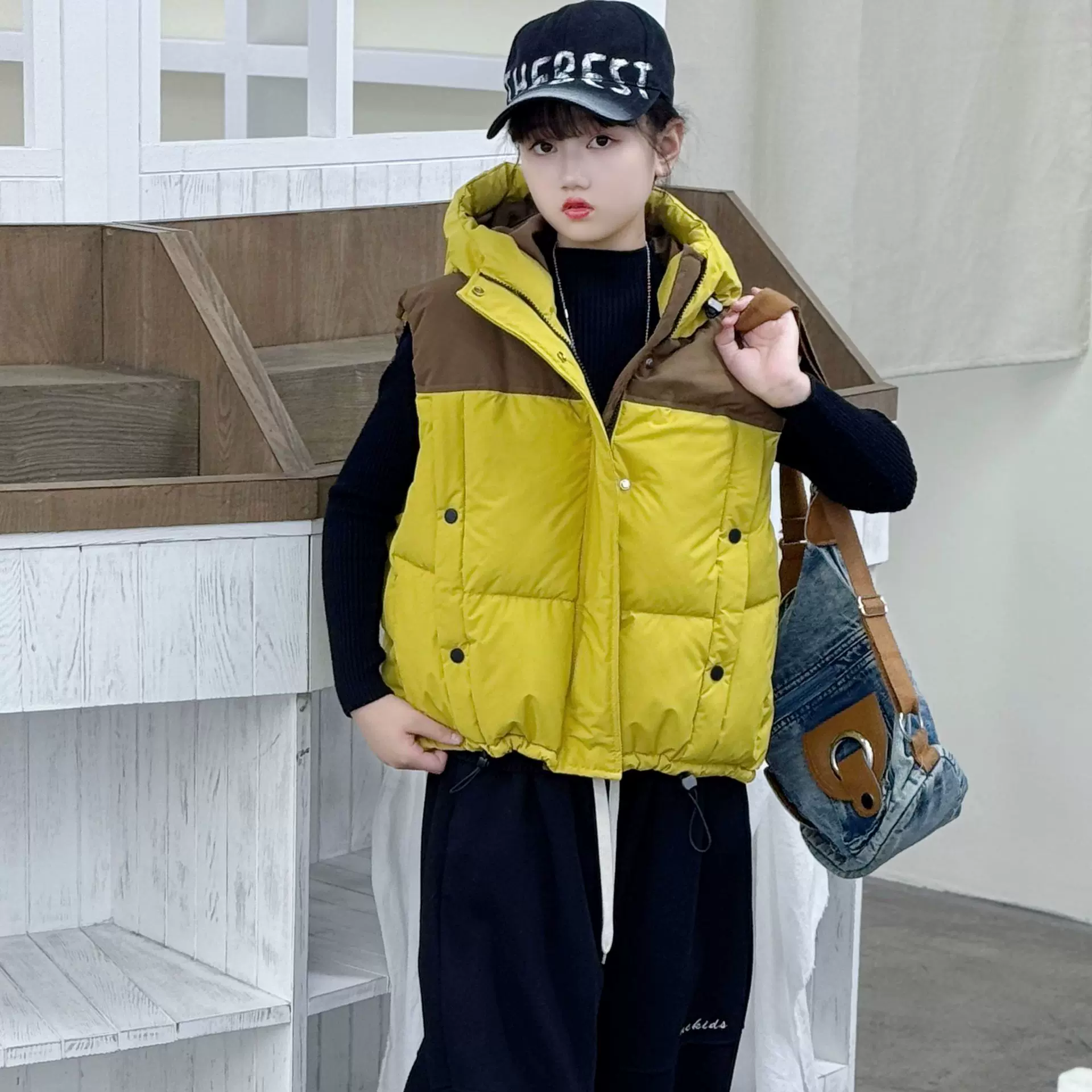 女童冬季新款羽绒棉收腰马甲韩版洋气中大童百搭休闲坎肩连帽外套