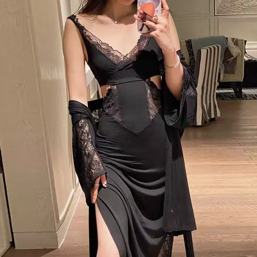 ins纯欲风秋冬两件套性感深V镂空露背包臀显瘦睡裙莫代尔舒适睡袍