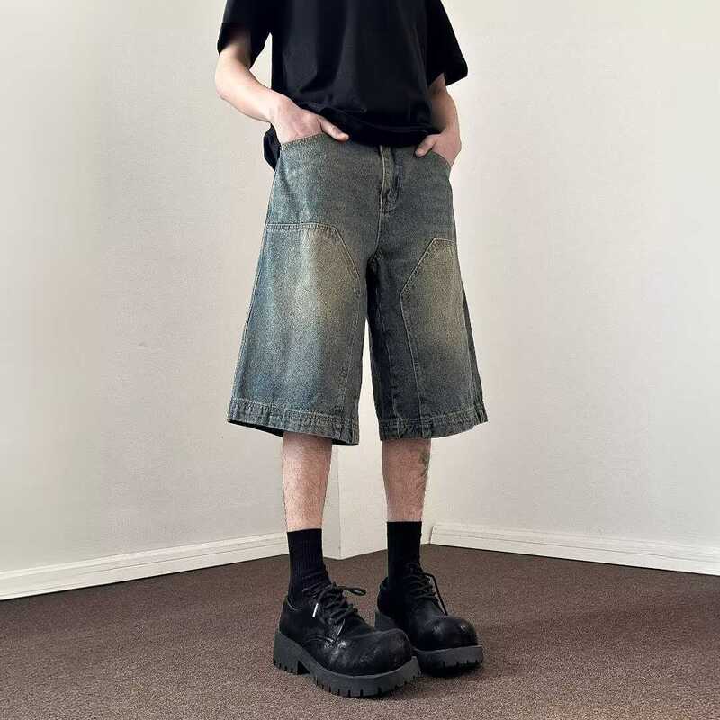 American Style Retro Straight Cropped Denim Shorts Men's Summer Fashionably Brand Wide-Leg Tooling Pants Over-Knee Loose Cropped Pants