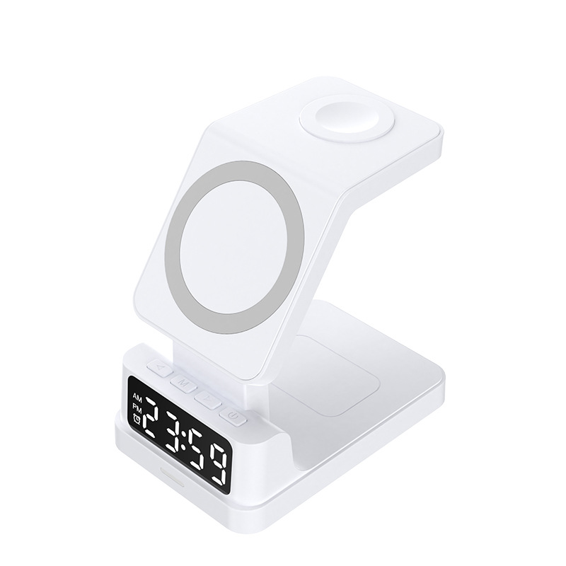 Escritorio de cuatro en un soporte magnético del teléfono móvil cargador inalámbrico 15W multifunción con reloj digital cargador inalámbrico