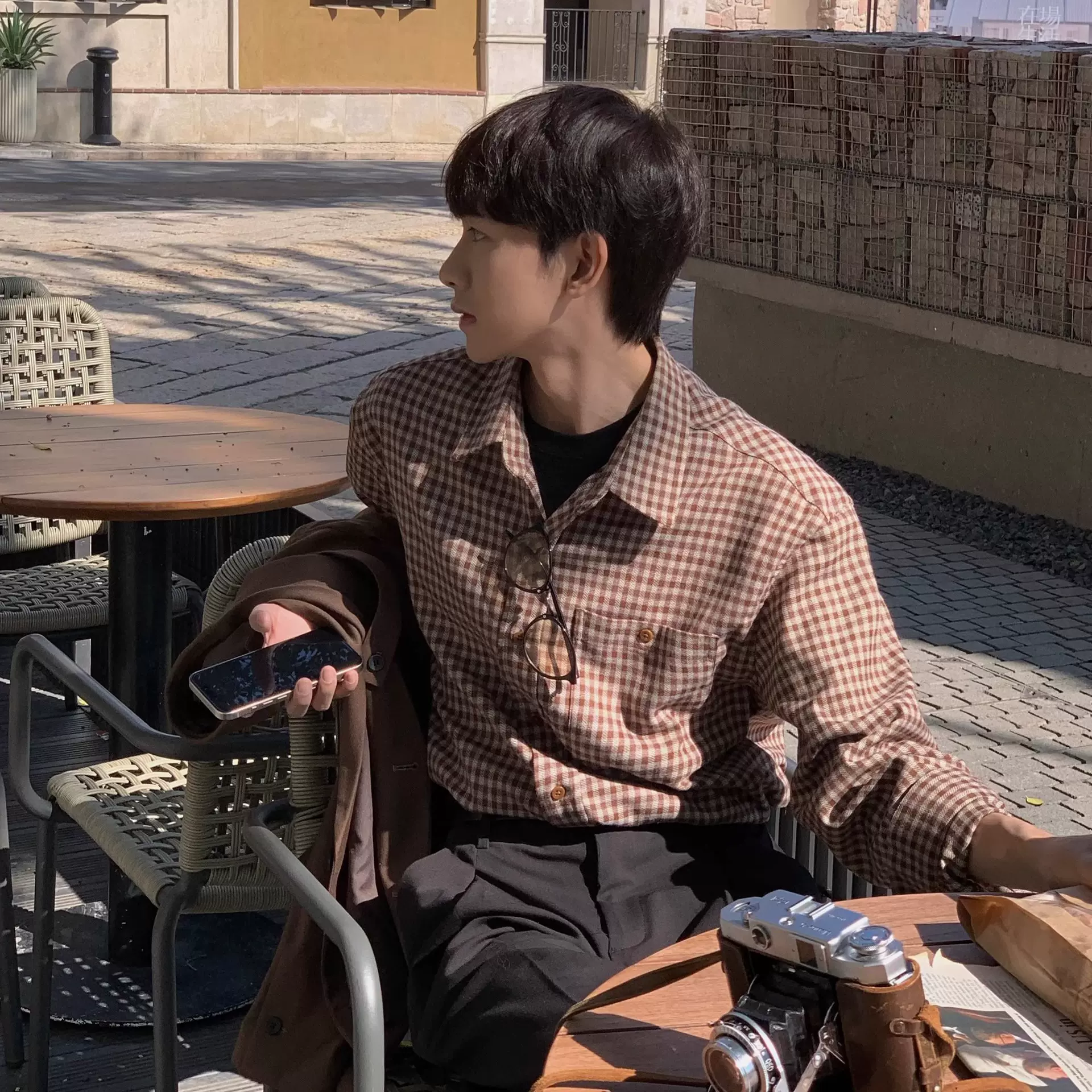 韩版简约潮流格子长袖衬衫男士2025年春秋季新款复古百搭衬衣外套