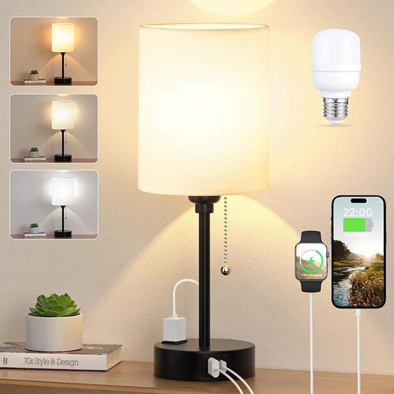 Cross-border bedroom night light European style fabric three-color decorative table lamp USB charging two-in-one dormitory study desk lamp