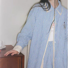 【布鲁士蓝调】虞书欣同款美式复古条纹衬衫休闲宽松短裤套装