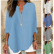 2025跨境外贸欧美速卖通亚马逊wish爆款女装秋冬V领棉麻大码衬衣