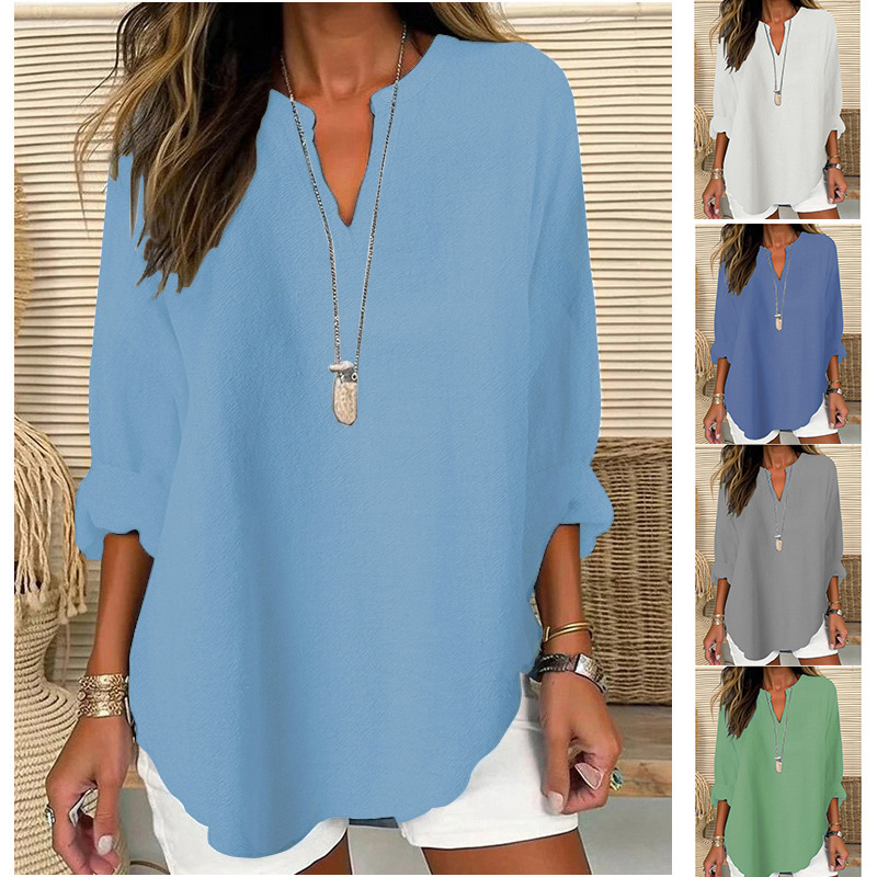 2025 Cross-Border Foreign Trade European and American Aliexpress Amazon Wish Hot-Selling Women's Autumn and Winter V-Neck Cotton and Linen Plus-Size Shirt 2025 Cross-Border Foreign Trade European and American Aliexpress Amazon Wish Hot-Selling Women's Autumn and Winter V-Neck Cotton and Linen Plus-Size Shirt