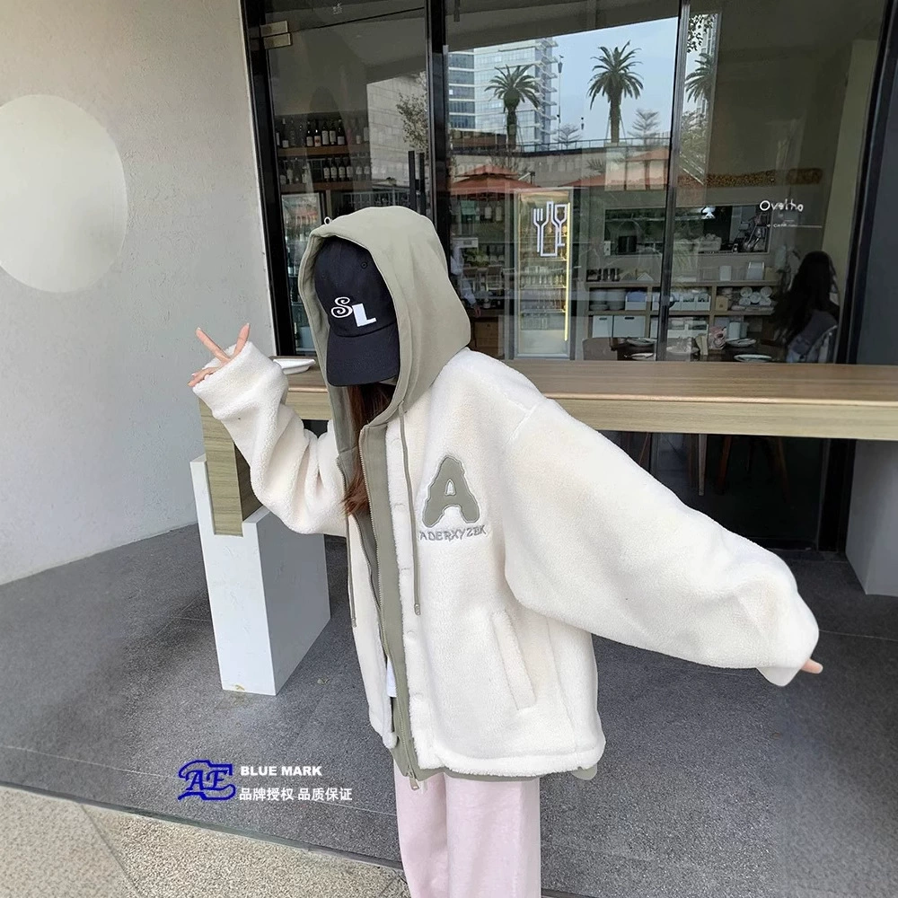 ADER кашемировая куртка для ягненка женская зима новая буква свободная теплая мужская и женская куртка с капюшоном утолщенные поддельные две части