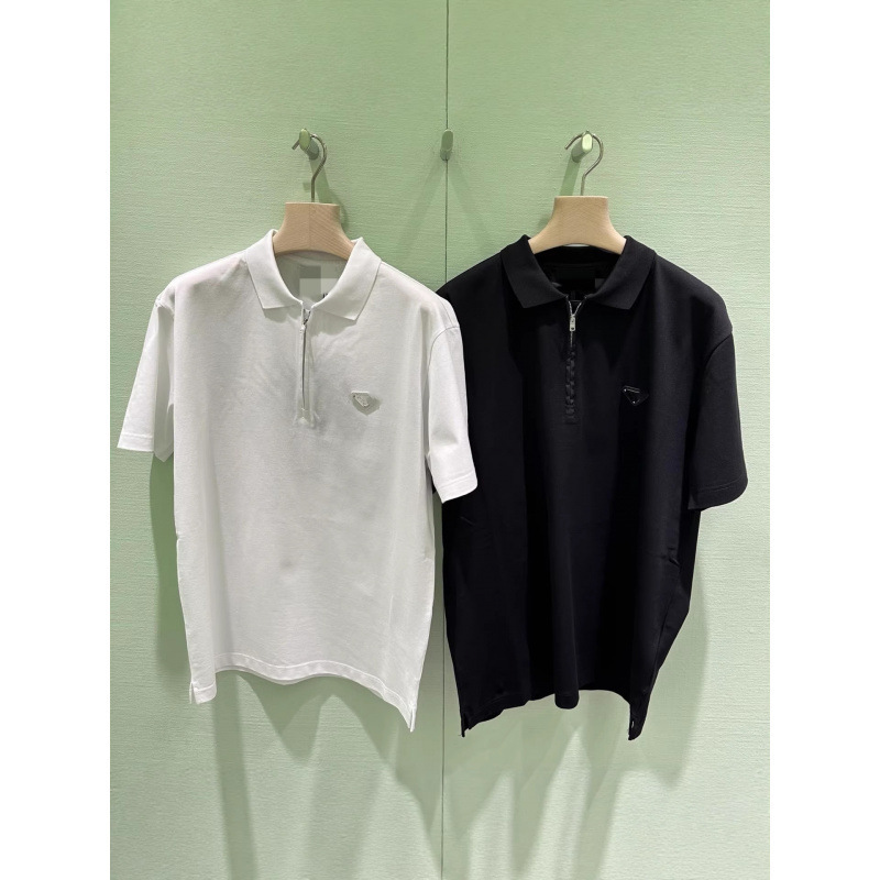 Cross-Border Supply of High-Quality P Brand New Model Triangle Metal Leather Label Zipper Turn-Down Collar Polo Short-Sleeve T-Shirt Casual Unisex Style