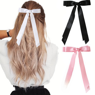 Cross-border satin ribbon bow hair accessories simple temperament female bow hairpin back head spring clip hairpin_voghion.com