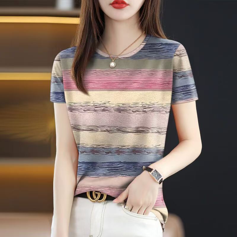 Fashion women's T-shirt short sleeve 2025 summer new round neck pullover western style retro loose top popular trend Fashion women's T-shirt short sleeve 2025 summer new round neck pullover western style retro loose top popular trend