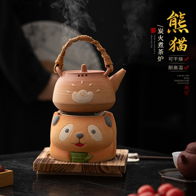 Cute Panda Charcoal Stove Outdoor Tea Brewing Set for Home Indoor Coarse Pottery Kettle Open Flame Dry Burning Charcoal Stove