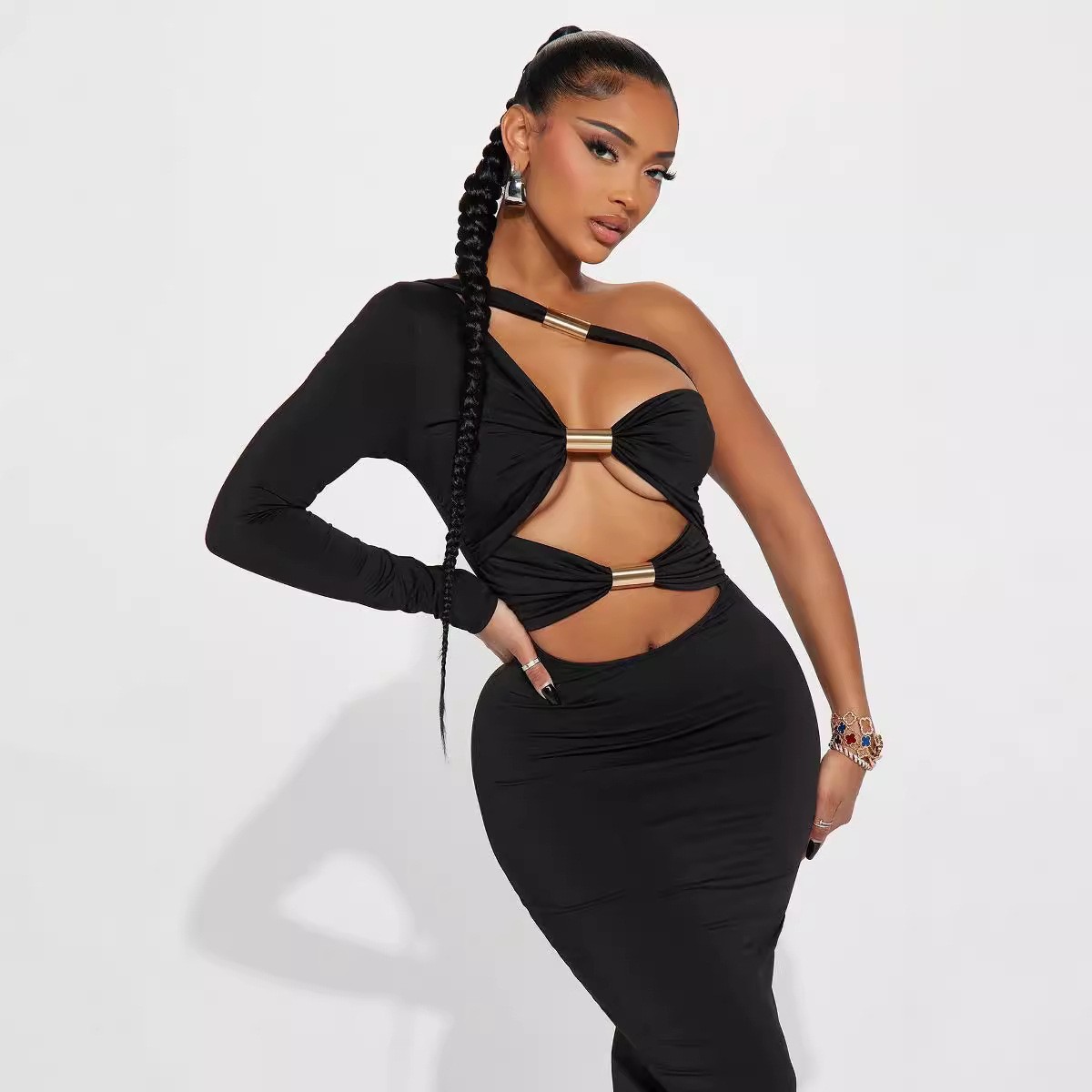 Women Clothing Sexy Cutout Metal Tube Slim Fit Maxi Dress Diagonal Collar Shoulder Sleeve Sheath Pencil Dress