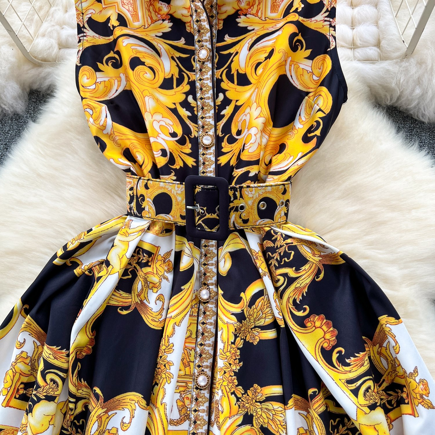 Vintage Baroque Print Sleeveless Dress – High Waist A-Line Dress With 3D Floral Embroidery (5 Sizes, Breathable Stretch Fabric)_ecoleips.com
