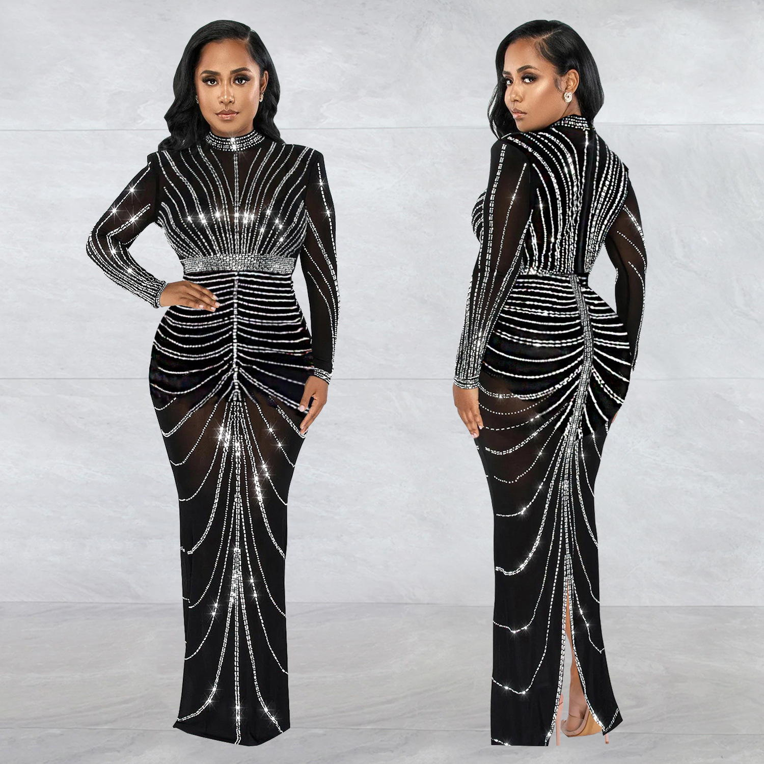 C7141 Aliexpress transfronterizo amazon ropa de moda europea y americana de mujeres sexy de mangas largas trasera vestido de perforación en caliente nuevo image 4