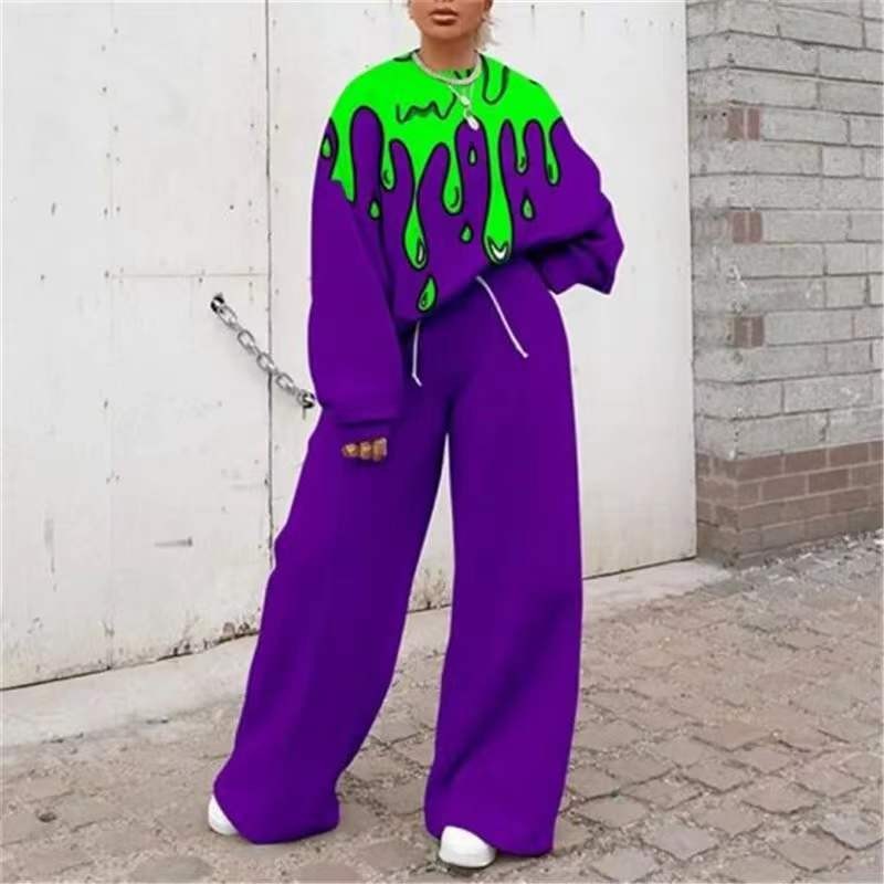 Conjunto de Sudadera Informal con Cuello Redondo y Estampado Holgado para Mujer, Estilo Europeo y Americano, Novedad de Comercio Exterior Transfronterizo para Otoño 2025