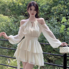 フレンチホワイト長袖ドレス妖精夏妖精ウエストシフォンスカートフリルケーキAラインスカート