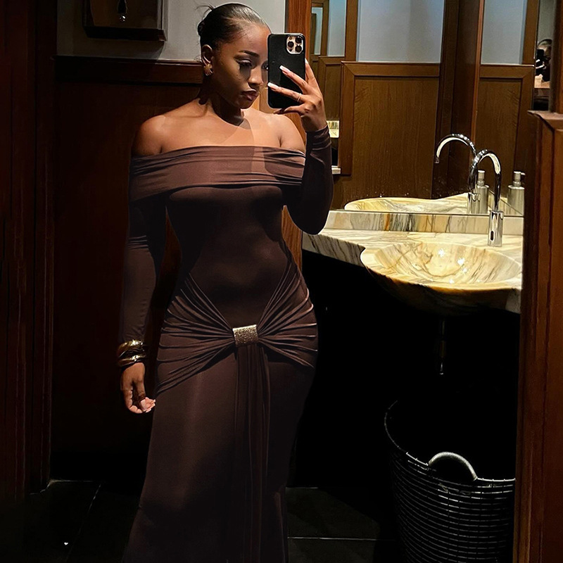 European And American Style Women's Fashion 2024 Autumn Winter New Fashionable Elegant Off-Shoulder Solid Color Long_ecoleips.com