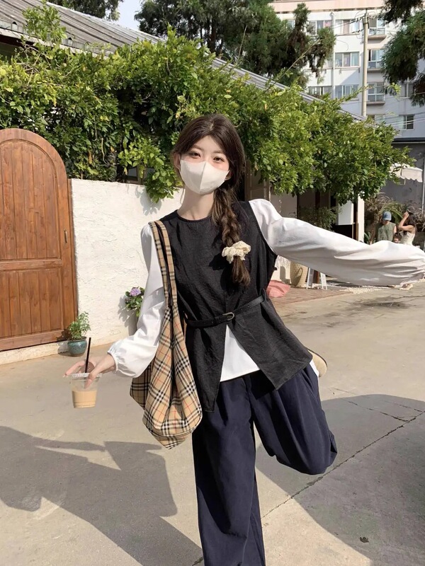 设计感不规则开叉叠穿坎肩马甲长袖衬衫2025女秋季新款时尚套装潮|undefined