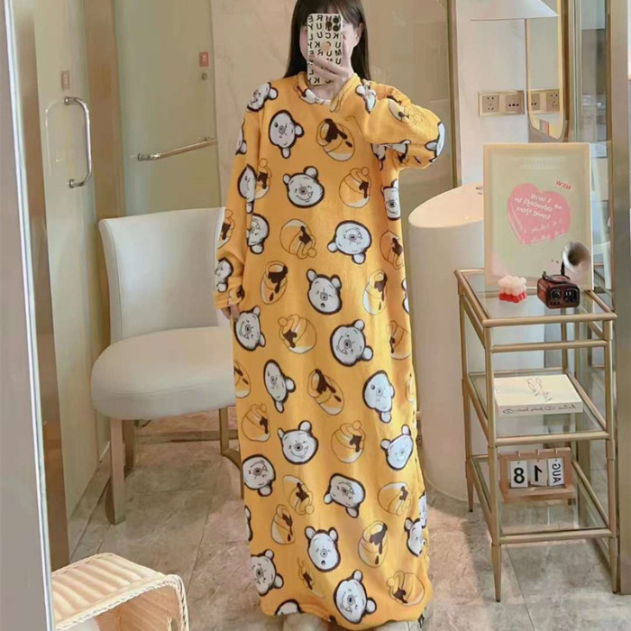 Pijamas de mujeres otoño invierno de franela lindo dibujo animado 2023 nuevo coral de lana gruesa falda cálida ropa para el hogar
