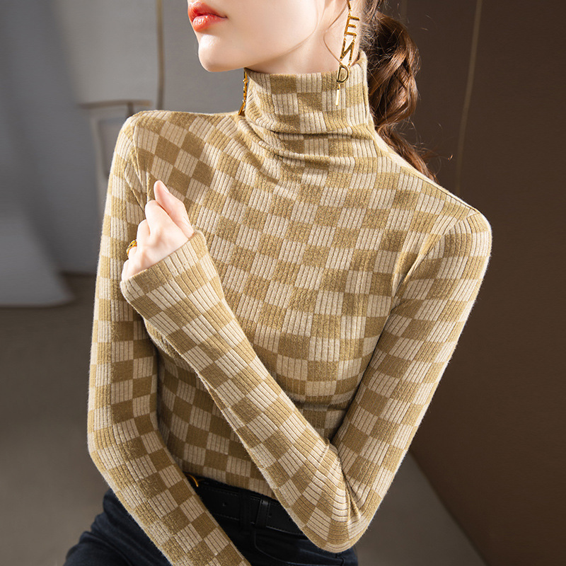 Camisa de mujer cuello alto cepillado 2022 nueva camiseta de manga larga estampada a cuadros de mujer cálida Cintura interior ajustada superior