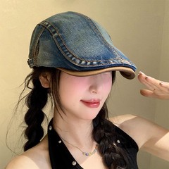 光版水洗牛仔前进帽女y2k大沿秋季韩版大头围贝雷帽显脸小报童帽