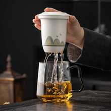 国潮千里江山玻璃把手陶瓷茶水分离过滤泡茶杯办公杯情侣水杯礼品