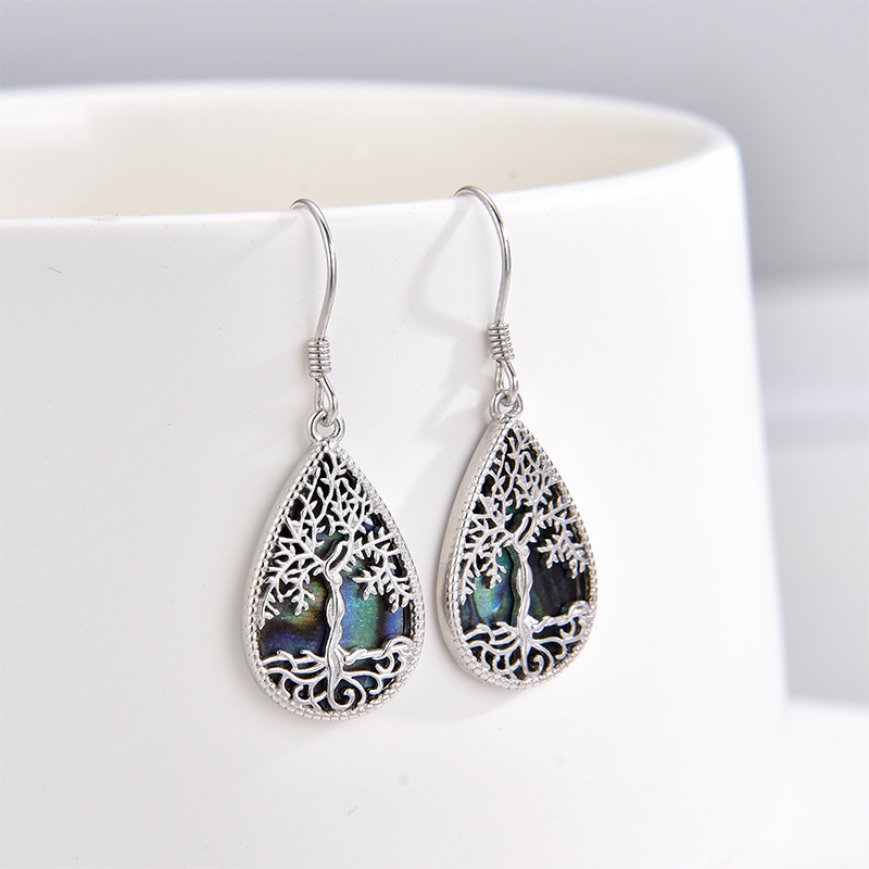 925 plata esterlina árbol de la vida pendientes de orejas para mujeres, lujo ligero estilo europeo y americano de alta calidad pendientes en forma de gota de cáscara de abollo