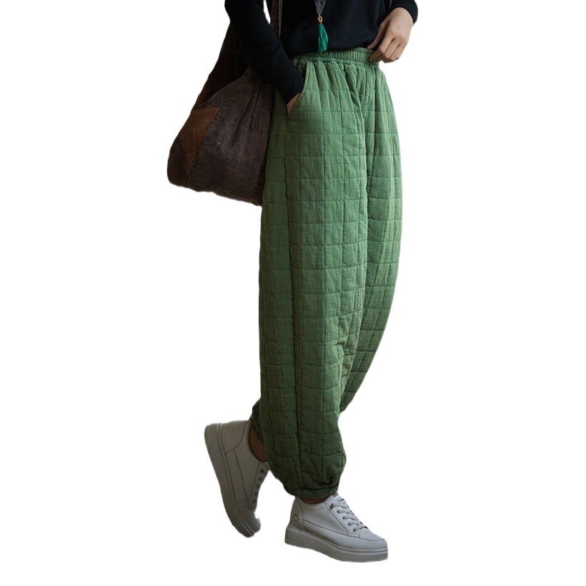 26 Winter Cotton and Linen Women's New Thickened Warm Quilted Vintage Plaid Versatile Women's Long Pants Cotton Pants