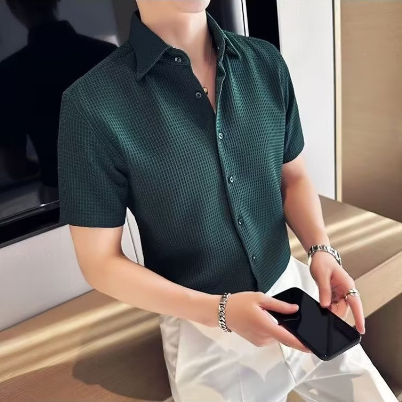 Waffles Men's Short-sleeved Shirt High-grade Ice Silk Summer Thin Men's Top Business Half-sleeved Shirt