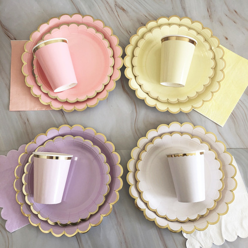 Gold-Stamped Wavy Edge Macaron-Colored Paper Plates Disposable Party Tableware Children's Birthday Cake Fruit Plate Set