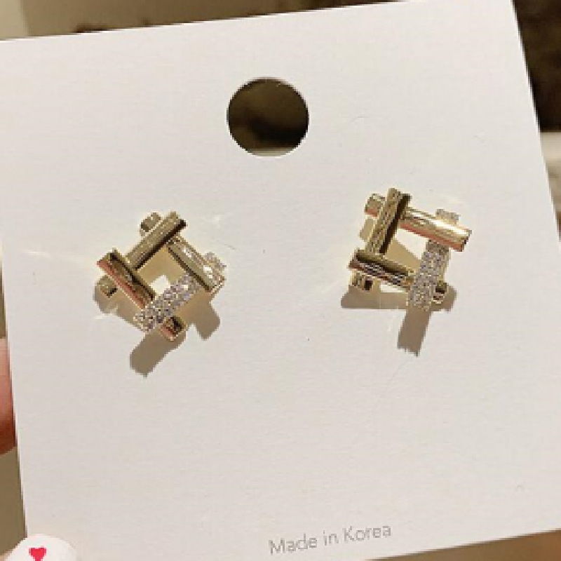 S925銀針韓國東大門幾何菱形精致女小巧氣質高級感井字耳釘耳飾女