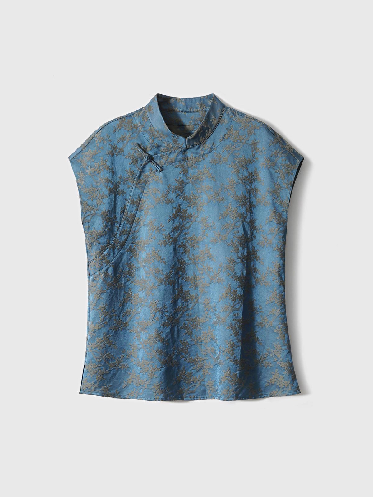 Áo kiểu nữ hè phong cách Trung Hoa, chất liệu jacquard hoa văn nổi, tay ngắn — màu xanh
