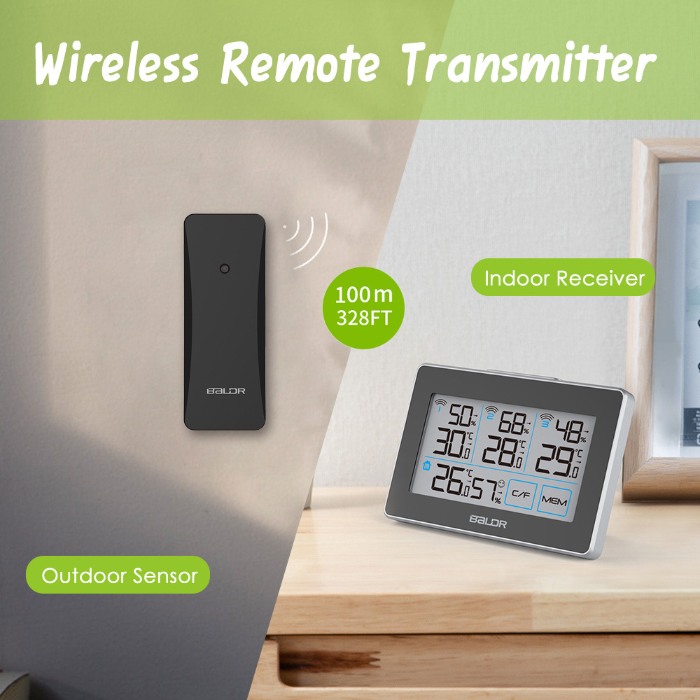 (2개) BALDR 새로운 3 채널 무선 실내 및 실외 온도 및 습도 미터 1 대 3 LCD 날씨 시계 기상 관측소 편안함