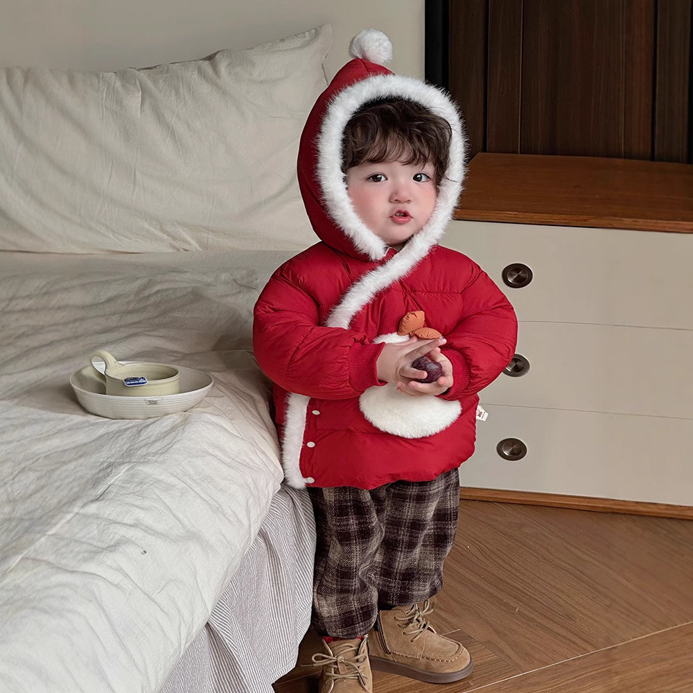 Ropa de algodón de invierno para bebés y niños pequeños, Navidad engrosada, cálida, cómoda y suave, ropa de Año Nuevo para bebés, ropa de salida roja con capucha